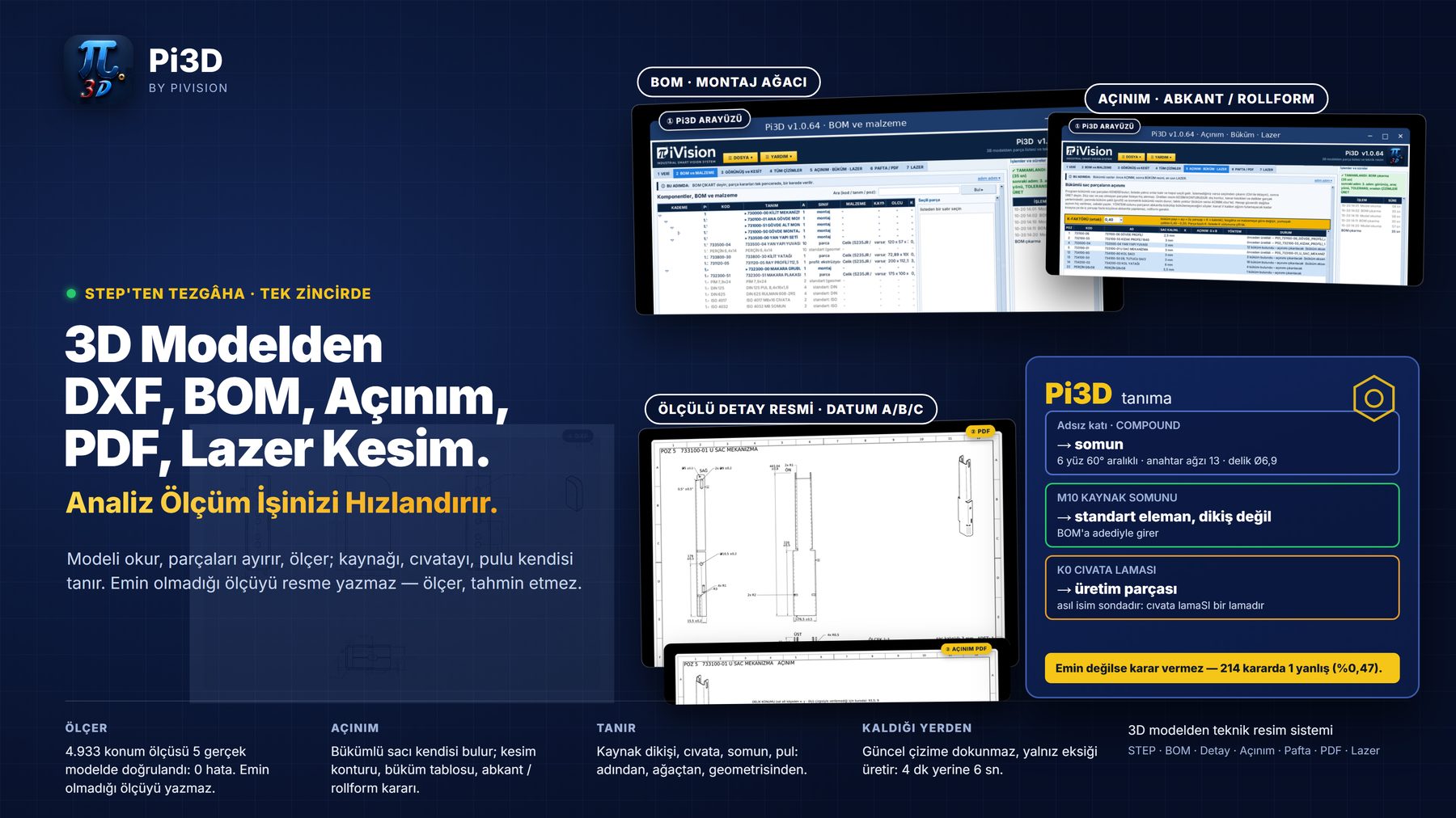 Pi3D arayüzü: tek STEP dosyasından çıkan hiyerarşik parça listesi, bükümlü sac açınımı ve ölçülü detay resmi